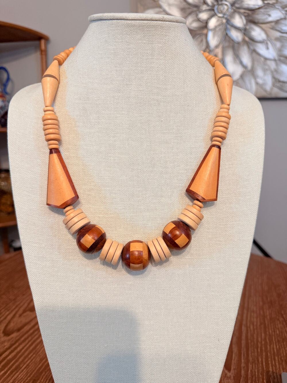 Copied - Copied - Wood Bead Wolf Fang Pendant Necklace 32” Tribal Boho